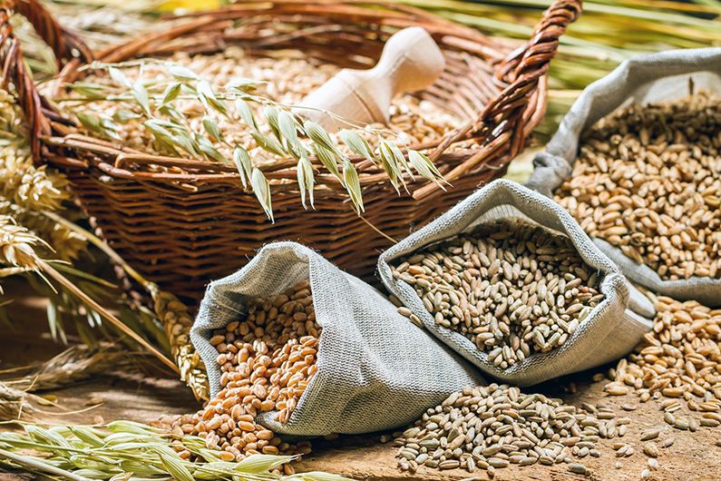 Зерна разных круп в мешках